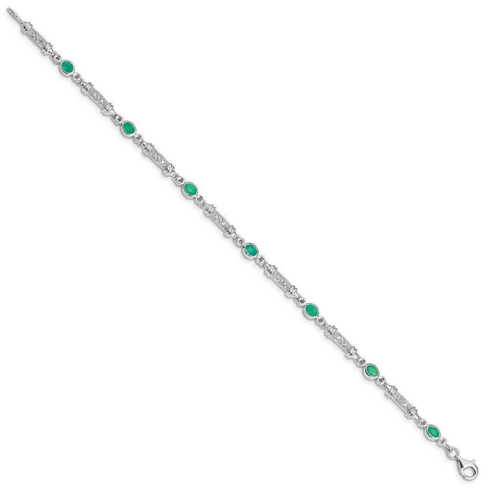 Sterling Silver Rhodium-Plated Emerald and Diamond Bracelet