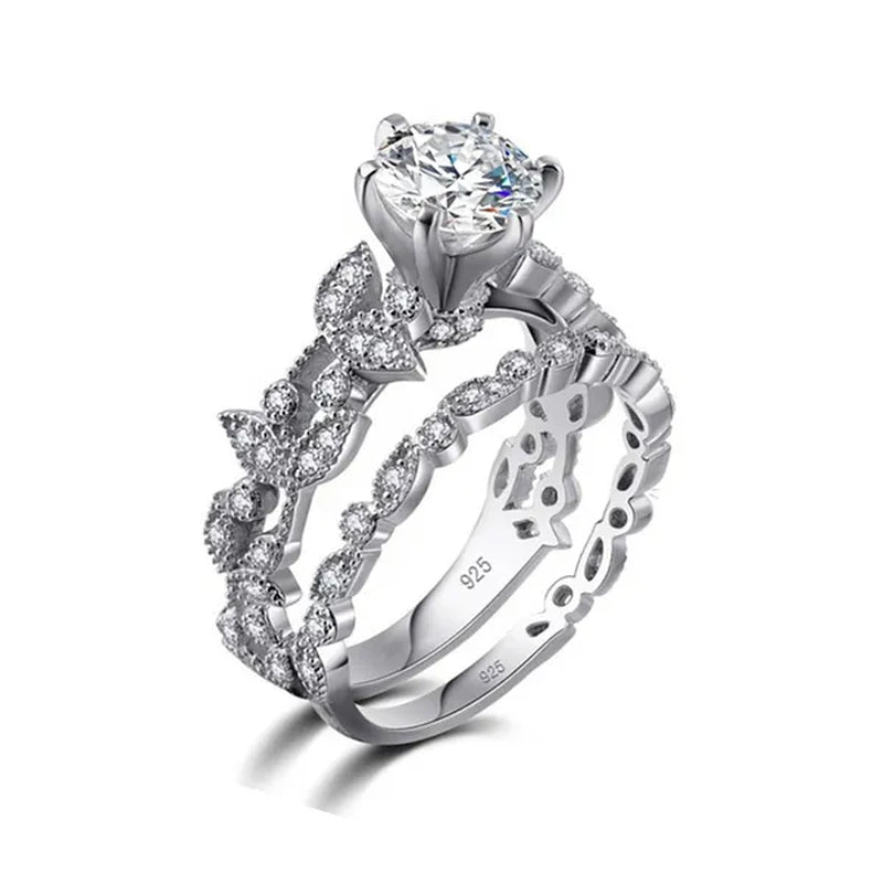 Sterling Silver Women's CZ Vintage Antique Style Engagement Ring Wedding Band Set 5-10