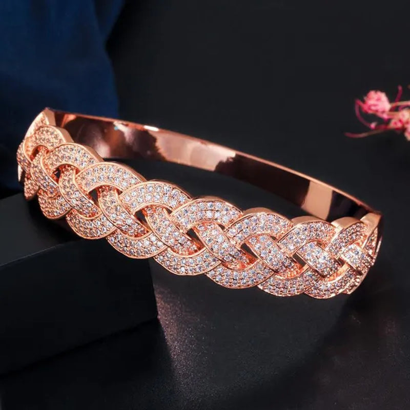 Gloriya Dubai Fashion Women Jewelry Full Micro Pave Tiny Bling AAA Cubic Zirconia Gold Rose Silver Plated Open Cuff Bangle Tennis Bracelet for Prom Party