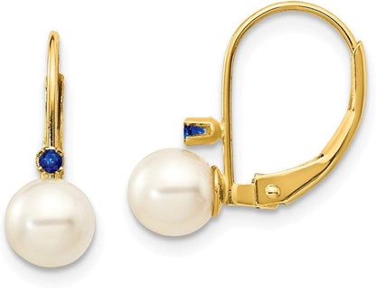 14K Yellow Gold 5-5.5Mm White round FW Cultured Pearl Sapphire Leverback Earrings
