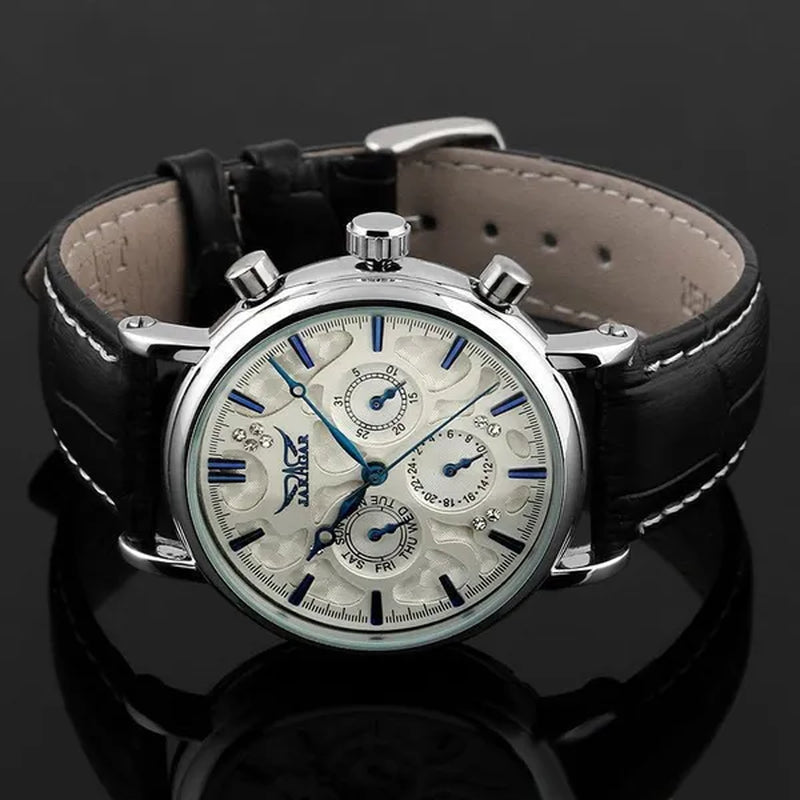 JARAGAR Automatic Mechanical Genuine Leather Strap Wrist Watch Luxury Gift For Men Fashion White Crystal Diamond Jewelry Accessories
