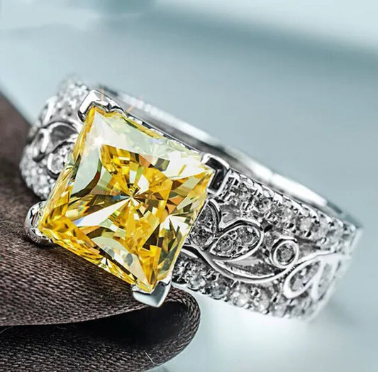 Elegant  Silver Yellow Diamond Birthstone Gemstones Engagement Wedding Anniversary Ring Size 6 7 8 9 10