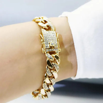 High Quality 12mm Hip Hop Hipster Cuban Chain Diamond Bracelet Men's Jewelry
