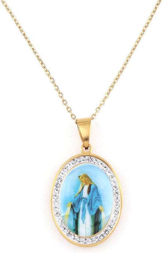 Miraculous Medal, Virgin Mary Necklace, Religious Gifts for Women, Golden Stainless Steel Necklace Inlaid Zircon Pendant, Fashion Religious Jewelry, Gifts for Women