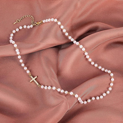 14K Gold Plated Cross Necklace for Women, Gold Pearl Necklace with Cross Pendant Dainty Cross Choker Necklace Trendy Faith Jewelry Religious Gifts