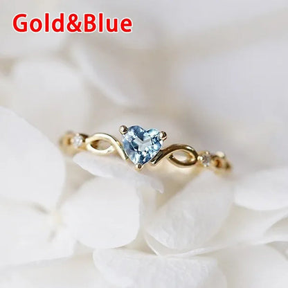 (6 Colors) Simple and Exquisite Women'S Gold -Plated Sky Blue Heart-Shaped Sapphire Diamond Fashion Ring Engagement Wedding Gift Birthday Party High Jewelry (Size 5-11)