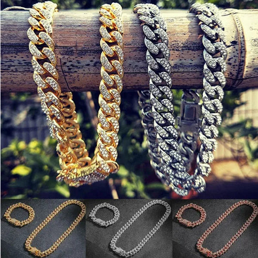 13MM Men's Hip Hop Necklace or Bracelet,Iced Out Bling Rhinestones Miami Cuban Link Chain Necklace Bracelet Set Jewelry Gifts