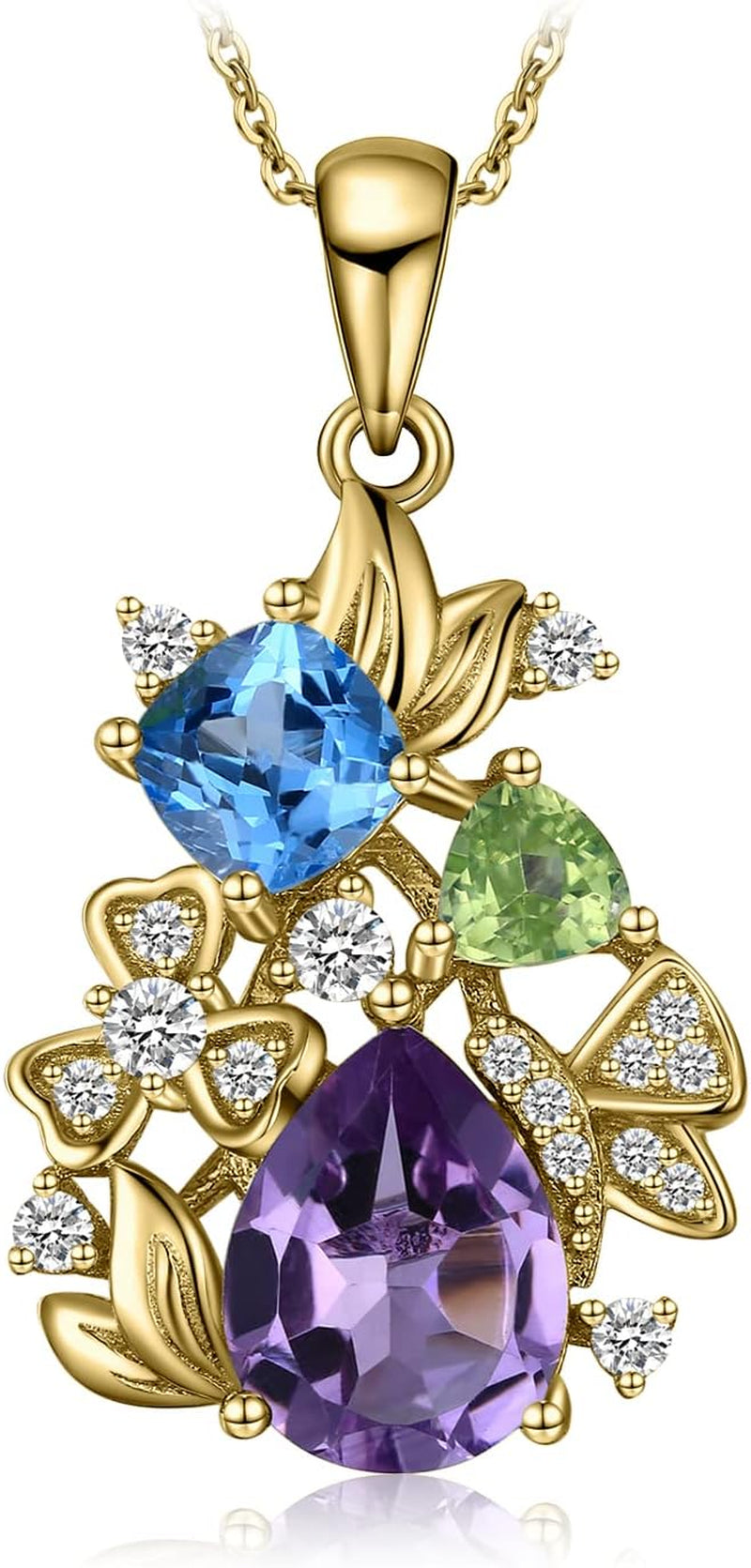 Flower Genuine Amethyst Peridot Blue Topaz Pendant Necklace for Women, Multicolor 925 Sterling Silver Necklaces, Natural Gemstone Jewelry Sets 18 Inches Chain