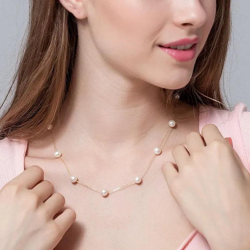 Real 925 Sterling Silver Natural White Ellipse Freshwater Pearl Chain Necklace for Women Gifts FEIGE