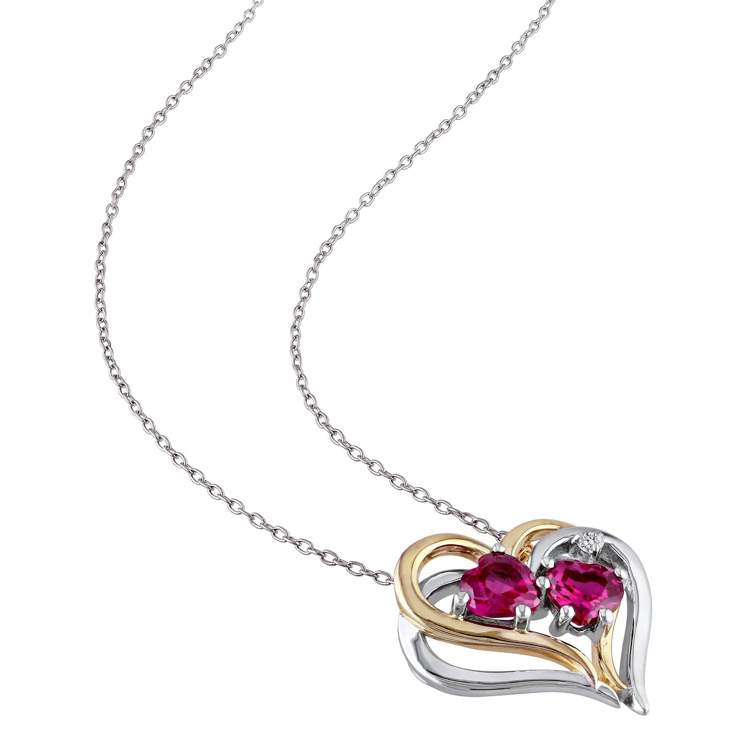 Women'S 1 1/6 Carat T.G.W. Heart-Cut Created Ruby & Round-Cut Diamond Accent T.W.-Tone Silver Double Heart Pendant with Chain with Shared Prong Setting & Spring Ring Clasp (G-H-I, I3) - 18 In.