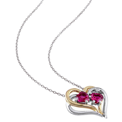 Women'S 1 1/6 Carat T.G.W. Heart-Cut Created Ruby & Round-Cut Diamond Accent T.W.-Tone Silver Double Heart Pendant with Chain with Shared Prong Setting & Spring Ring Clasp (G-H-I, I3) - 18 In.