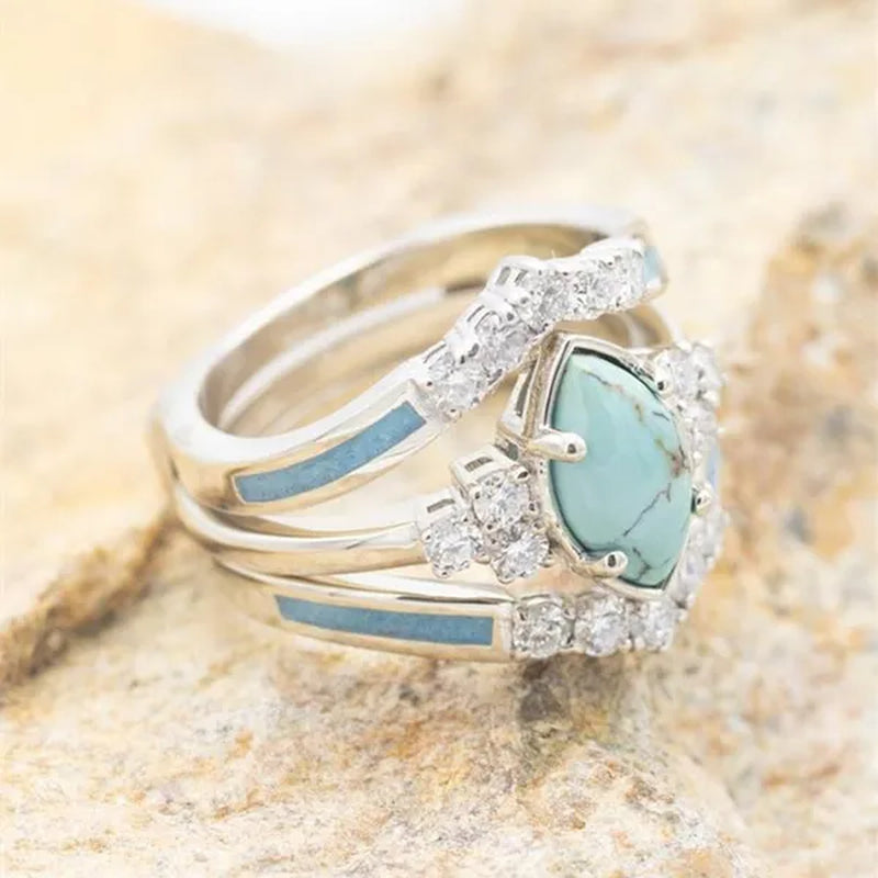 3Pcs/set Exquisite and Elegant Inlaid Zircon and Turquoise Women's Ring, Fashionable Bride Engagement Wedding Ring Set Promise Ring, Valentine's Day, Birthday Gift for Her, Jewelry Accessories
