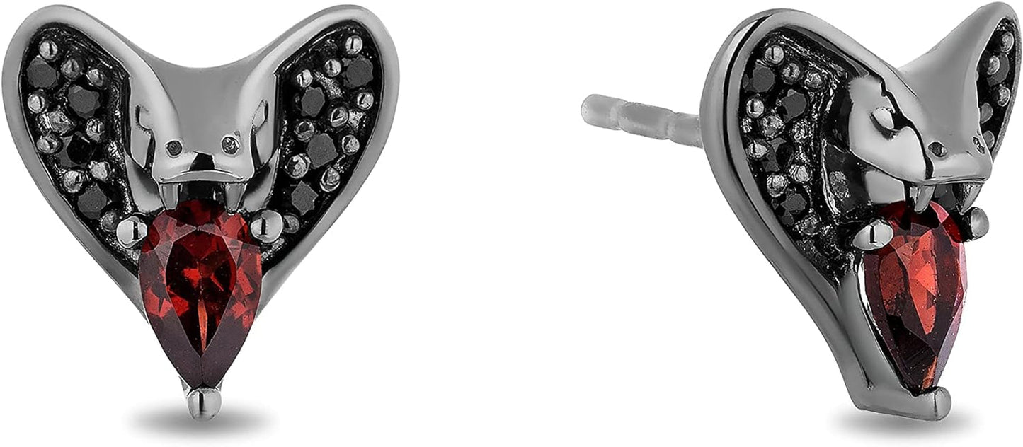 Enchanted Disney Fine Jewelry Black Rhodium over Sterling Silver 5X3 MM Pear Red Garnet and 1/8 Cttw Treated Black round Diamond Jafar Stud Earrings