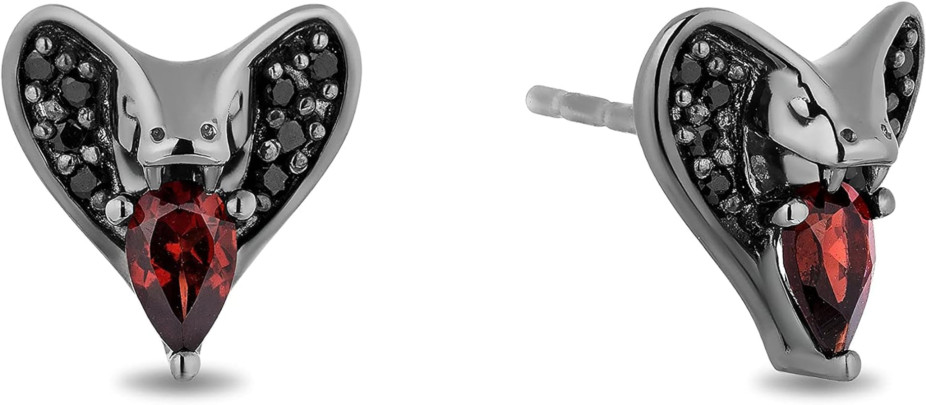 Enchanted Disney Fine Jewelry Black Rhodium over Sterling Silver 5X3 MM Pear Red Garnet and 1/8 Cttw Treated Black round Diamond Jafar Stud Earrings