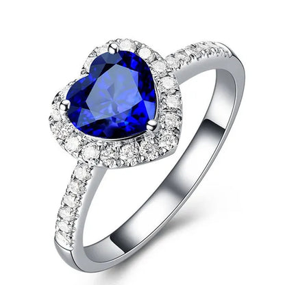 925 Sterling Silver Blue Sapphire Heart Promise Ring for Women Girl Size 5-10