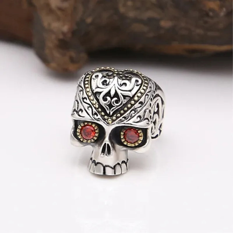 Retro Personality Silver & Gold Skull Ring Ruby Inlay Men'S Punk Jewelry