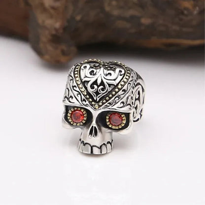 Retro Personality Silver & Gold Skull Ring Ruby Inlay Men'S Punk Jewelry