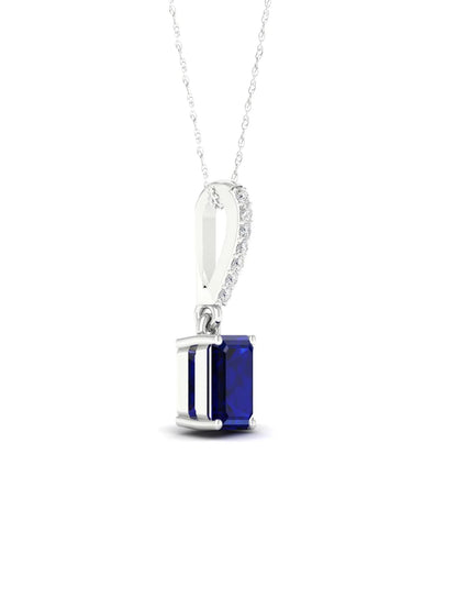 Gemstone 10K White Gold Emerald Cut Blue Sapphire 1/20 CT TW Diamond Halo Pendant Necklace