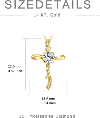 14K Yellow Gold Cross Necklace for Women, 14K Gold Infinity Cross Pendant Necklace Crufix Baptism Faith Jewelry Birthday Mothers Day Gifts for Mom Her Girlfriend Wife, 16+2 Inch
