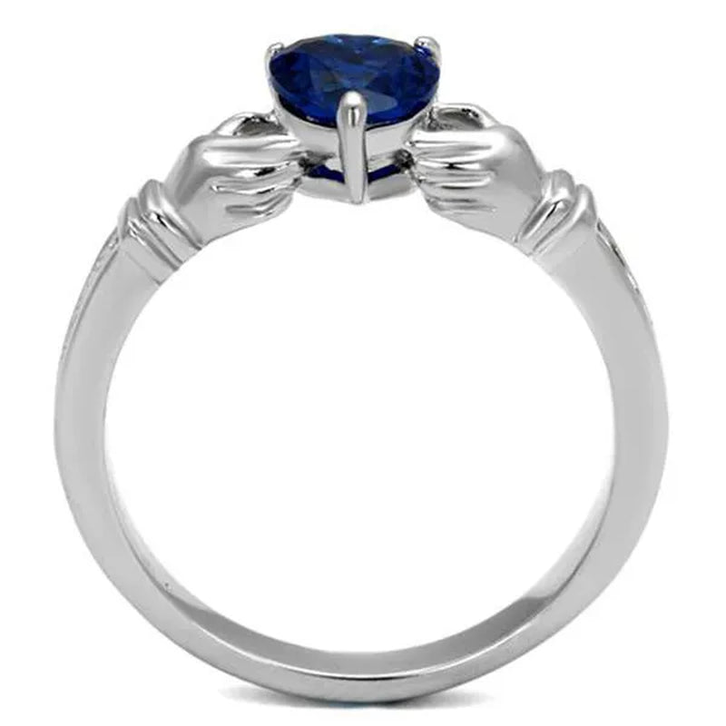 Heart Shape London Blue CZ Stainless Steel Irish Claddagh Ring Women's Size 5-10