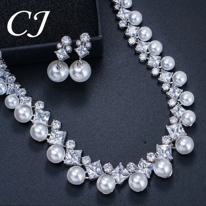 CANDICE High Quality White Gold Plating Square CZ Stone With White Pearl Luxurious Bridal Jewelry Wedding Choker Necklace and Drop Earrings Sets for Brides Dress Accessories