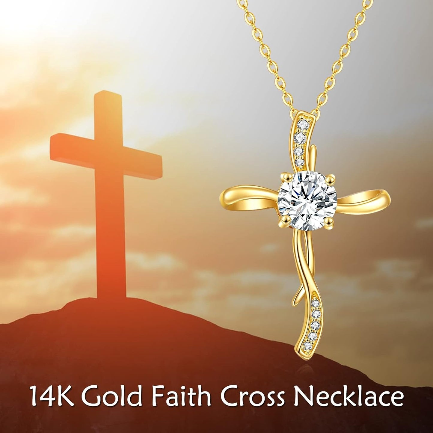 14K Yellow Gold Cross Necklace for Women, 14K Gold Infinity Cross Pendant Necklace Crufix Baptism Faith Jewelry Birthday Mothers Day Gifts for Mom Her Girlfriend Wife, 16+2 Inch