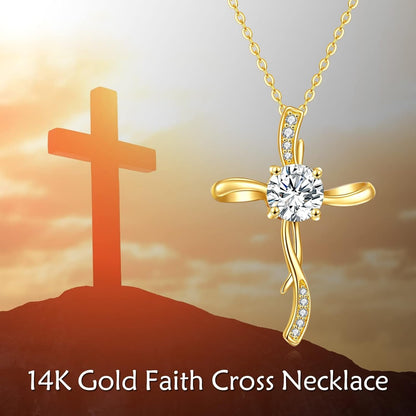 14K Yellow Gold Cross Necklace for Women, 14K Gold Infinity Cross Pendant Necklace Crufix Baptism Faith Jewelry Birthday Mothers Day Gifts for Mom Her Girlfriend Wife, 16+2 Inch