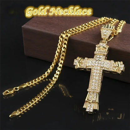 Men'S Fashion Jewelry Gold / Silver DIAMOND Cross Pendant Necklace Chain Cross Necklace