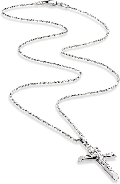 Rhodium Plated 925 Sterling Silver Small or Large Crucifix Necklace for Men Women, Cross Pendant with Rope Chain, Made in Italy