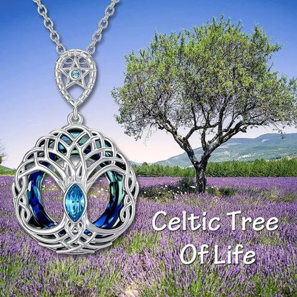 European and American Fashion Women Celtic Life Tree Crystal Pendant Necklace 925 Sterling Silver Star Round Sapphire Necklace Anniversary Party Birthday Gifts for Daughte