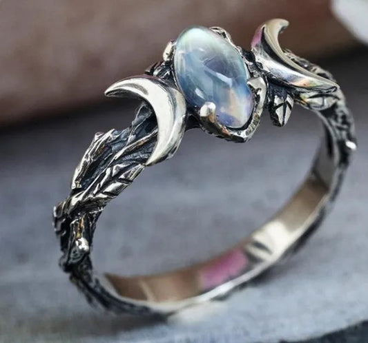 Fashion Vintage 925 Sterling Silver European and American Women'S Bohemian Jewelry Natural Moonstone Gemstone Moon Ring Birthday Ring Wedding Engagement Party Accessories Anniversary Christmas Gift Ring Size 5-11