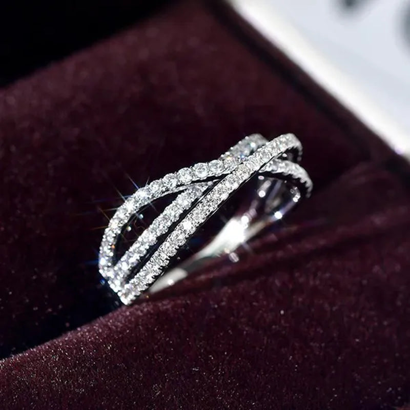 Simple Cross Twist Design Wedding Rings for Woman Full Paved CZ Stone Exquisite Female Finger-ring Statement Jewelry Anniversary Gift