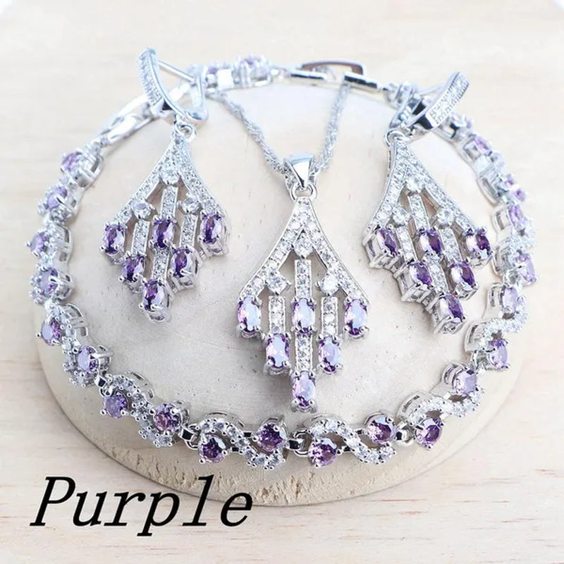 Blue/Red/Green/Purple Zircon 925 Silver Jewelry Set For Women