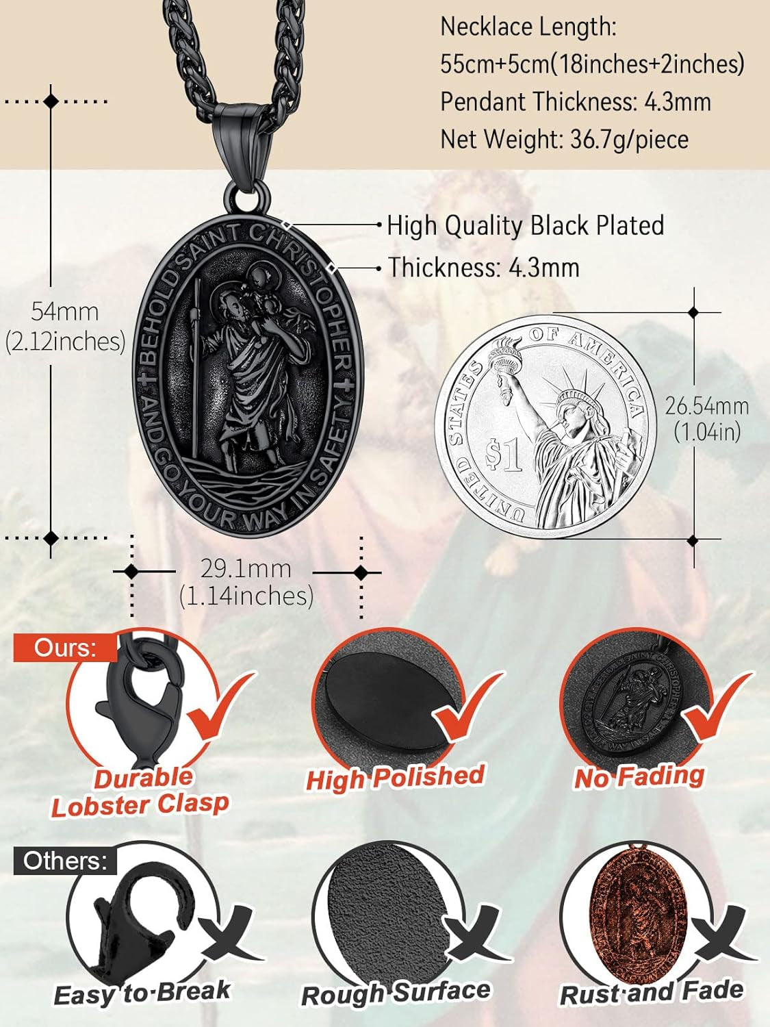 Saint Christopher Pendant Necklace for Men Women Stainless Steel Catholic Amulet Medal Jewelry Personalized Custom with Delicate Packaging