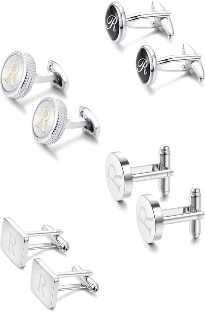 4Pairs Men'S Initial Letter Shirts Cufflinks Engraved Shirt Cufflink Alphabet Set Fashion Dazzle Tuxedo Cufflinks Business Wedding Father'S Daygift