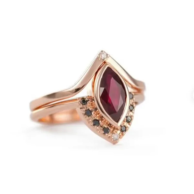 Unique Natural Rhombus 2 in 1 Ruby Engagement Ring Marquise Bridal Wedding Ring with Black Diamonds Women Ruby Ring Diamond Fine Jewelry Set （Size 5-11）
