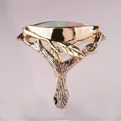Vintage Style Women's Antique Silver Twig And Leaf Opal Ring Anniversary Gift Engagement Bridal Wedding Jewelry Rings Size 5-10