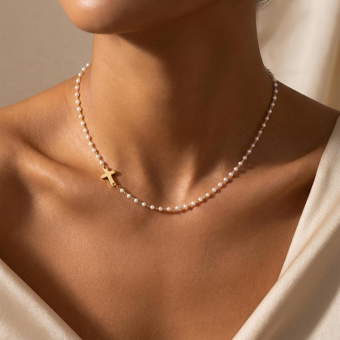 Pearl Cross Necklace for Women – 14K Gold Plated Faith Religious Jewelry