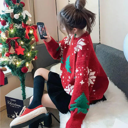VANGULL Brand Women Christmas Snowflake Pullover Sweater Autumn Winter Thicken Casual Soft Loose round Neck Long Sleeves Knitted Top
