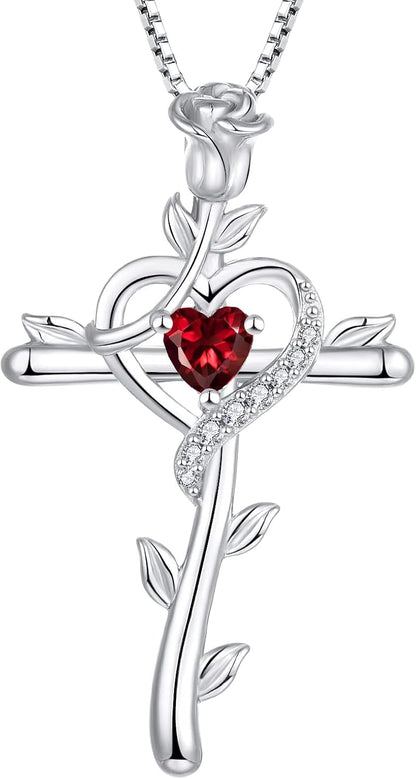 Rose Cross Necklace 925 Sterling Silver Heart Crucifix Pendant Birthstones Jewelry for Women