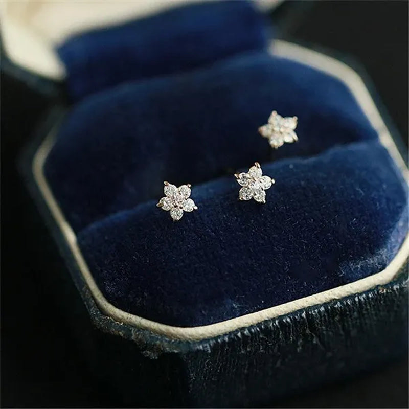 Round Cut Diamond Small Flower Stud Earrings for Women Daily Causal Accessories Girls Birthday Gifts Jewelry