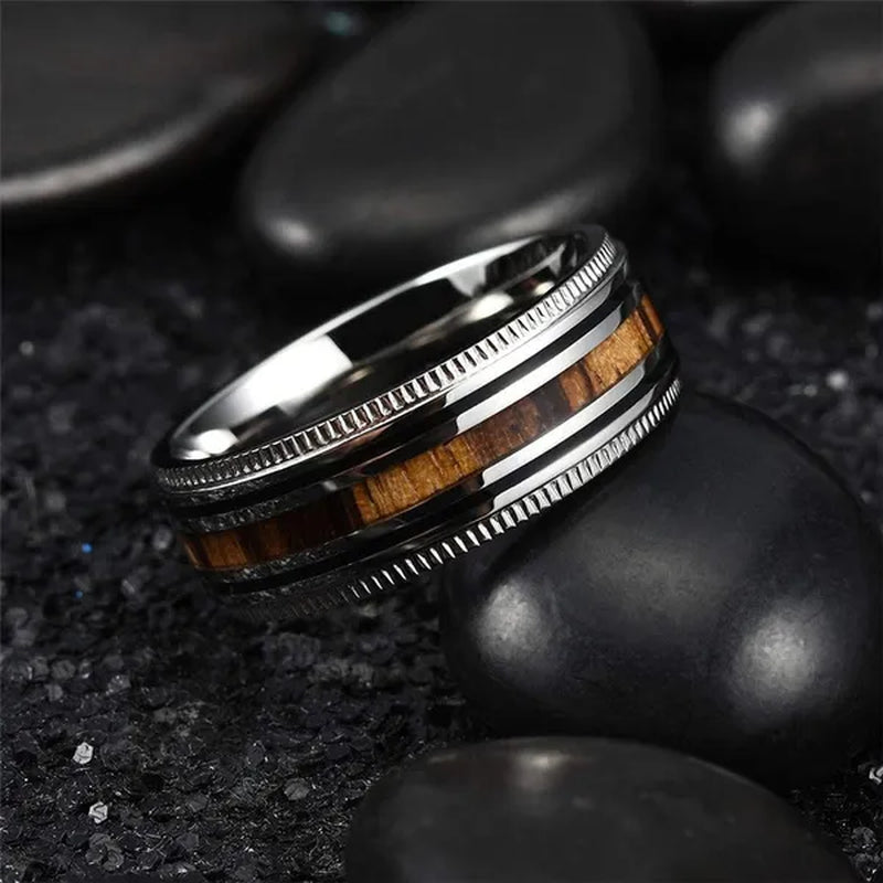 Luxury Jewelry Accessories plus Size Mens Ring 8Mm 316L Stainless Steel Wedding Ring Inlay Koa Wood Sawtooth Edge Titanium Steel Rings for Men