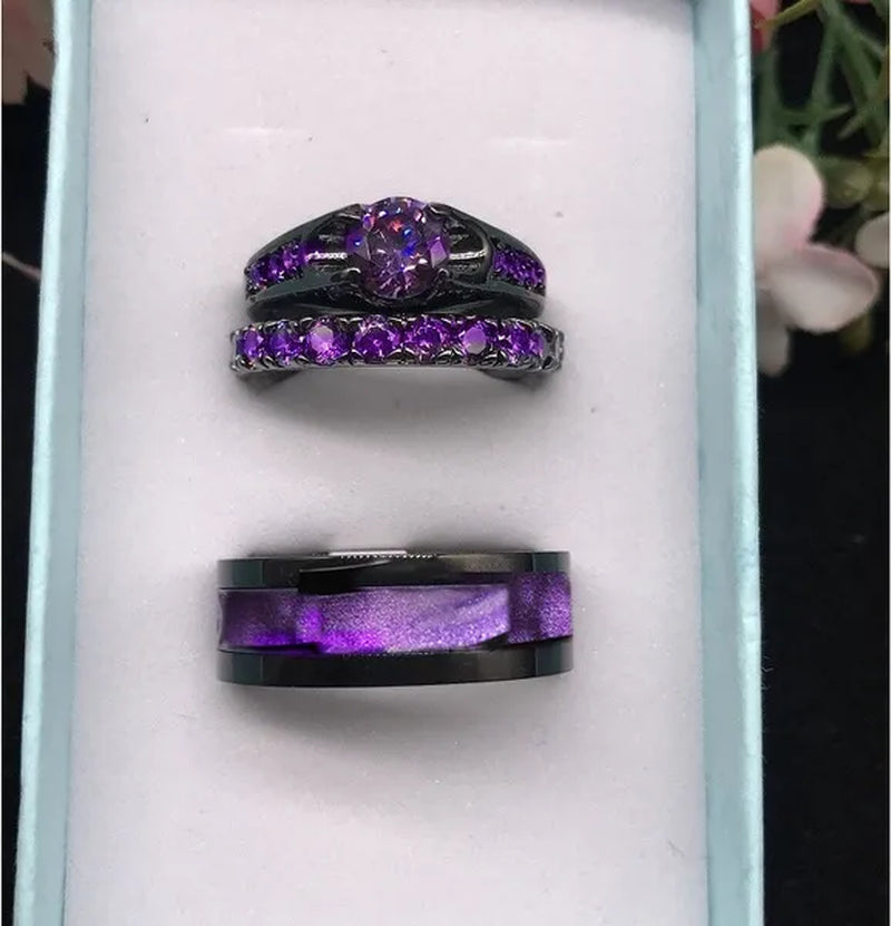 3PCS Amethyst Couple Rings 18K Black Gold Plated Womens Wedding Rings Sets and 8Mm Titanium Steel Men Engagement Promise Band Party Ring