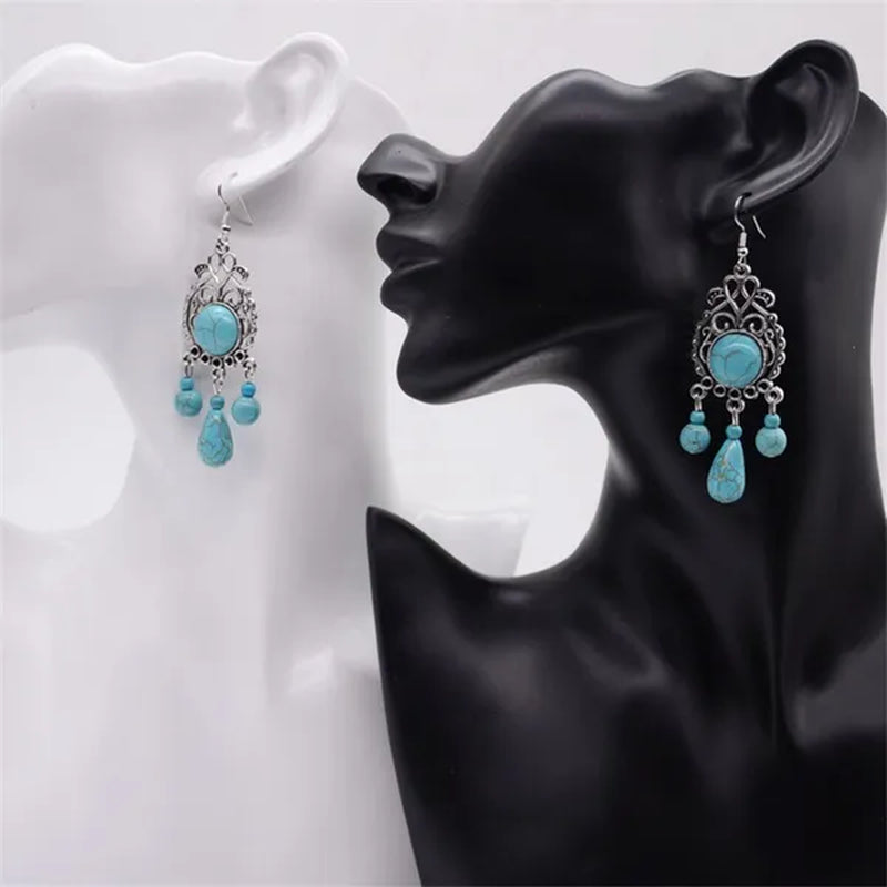 Retro Carved Turquoise Earrings Europe Exaggerated Sapphire Earrings Bohemian Pierced Earrings