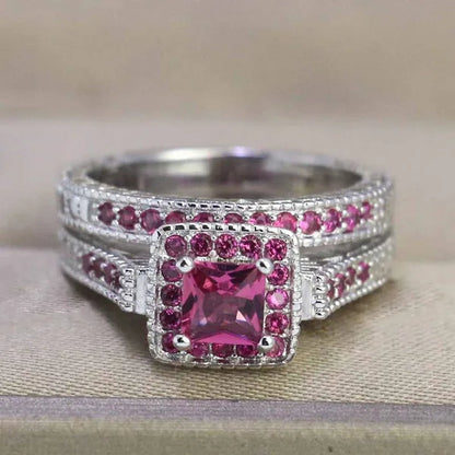 Sz6-9 10KT White Filled Princess cut 5mm Red CZ Ruby Womens Wedding Ring Bridal Sets