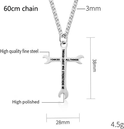 Men Wrench Cross Necklace,Stainless Steel Silver/Gold/Black I Can Do All Things Inspiring Bible Verse Pendant Necklace Christian Jewelry,60Cm Rolo Chain