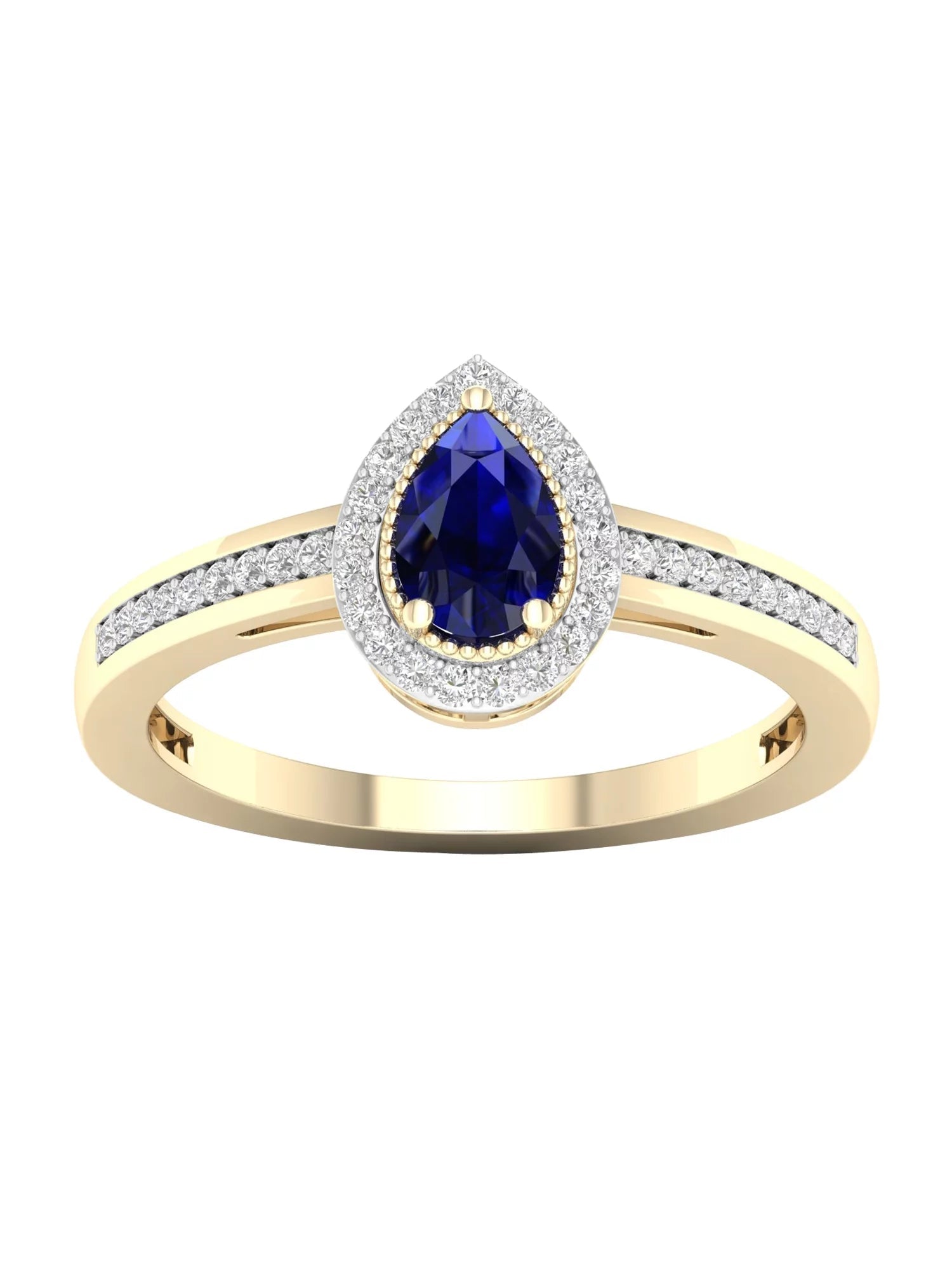 Gemstone 10K Yellow Gold Pear Blue Sapphire 1/8 CT TW Diamond Halo Women'S Ring