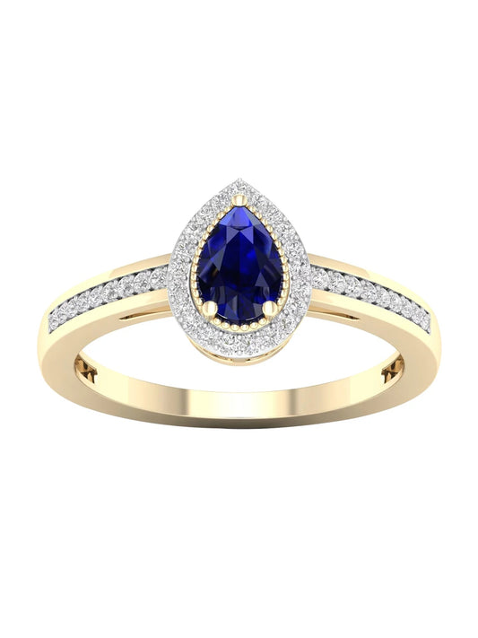 Gemstone 10K Yellow Gold Pear Blue Sapphire 1/8 CT TW Diamond Halo Women'S Ring