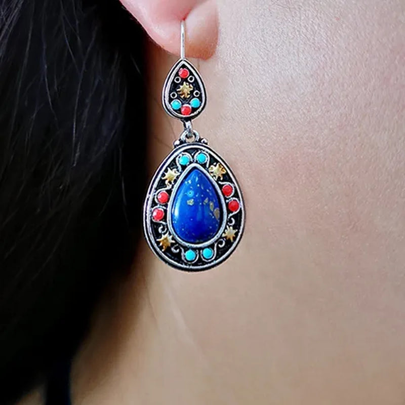 1 Pair Antique 925 Sterling Silver Pendant Earrings Natural Gemstone Inlay Dangle Earrings Bridal Engagement Wedding Anniversary Gift Bohemian Style Earrings