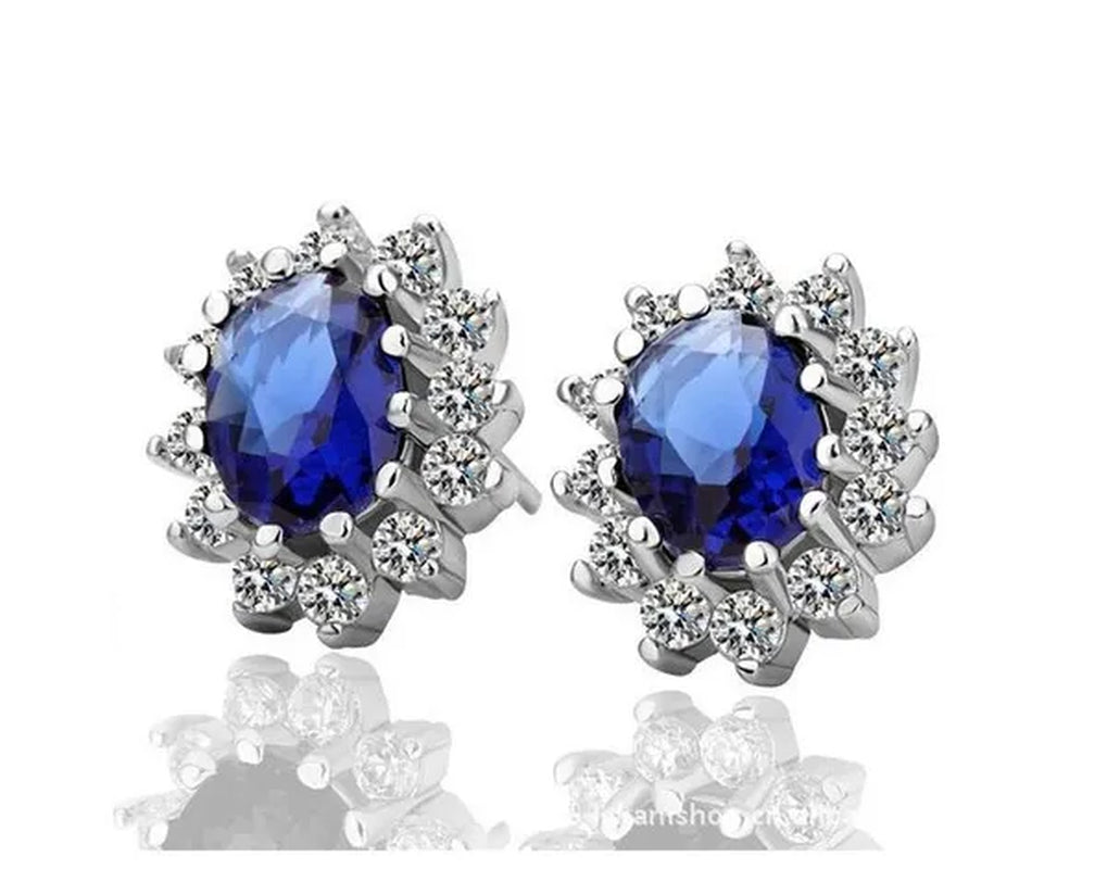 Fashion Natural 925 Silver Sapphire Ring Earring Necklace Set Ladies High-End Crystal Diamond Three-Piece Set Women'S Wedding Jewelry Party Gift Europe and America